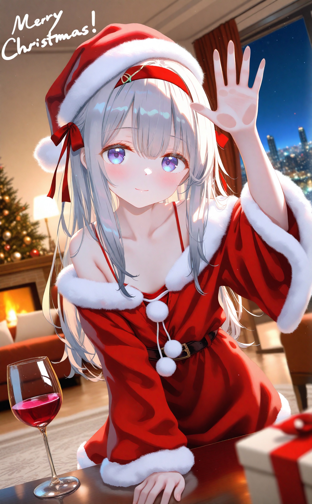 masterpiece,very aware,highres,absurdres,newest,best quality,petite,high quality,chromatic_aberration,cinematic_angle,dutch angle,//,artist:torino aqua,artist:rhasta,artist:wlop,artist:ke-ta,artist:hiten \(hitenkei\),//,nyalia,loli,loli,loli,1girl,christmas,merry christmas,gift,long hair,hairband,solo,box,lamp,christmas tree,gift box,looking at viewer,indoors,santa costume,window,cup,blue eyes,smile,drinking glass,glass,night,dress,closed mouth,blush,hair between eyes,christmas present,grey hair,carpet,fur trim,condensation,long sleeves,hair ornament,bare shoulders,curtains,blurry,table,red dress,sitting,red hairband,sidelocks,ribbon,off shoulder,blonde hair,city lights,upper body,collarbone,desk lamp,rug,arm up,bell,night sky,christmas ornaments,against glass,depth of field,bed,jacket,santa dress,spaghetti strap,drink,purple eyes,fireplace,bedroom,fur-trimmed jacket,ice,santa hat,cityscape,fur-trimmed sleeves,english text,sky,alcohol,white hair,reaching,skyline,red jacket,armchair,hat,wine glass,hair ribbon,open clothes,red ribbon,blurry background,bow,light smile,pillow,headband,city,wide sleeves,reaching towards viewe,