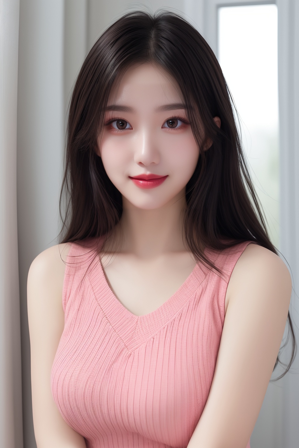 1girl, black hair, breasts, brown eyes, curtains, indoors, lips, lipstick, long hair, looking at viewer, makeup, pink sweater, sleeveless, smile, solo, sweater, upper body <lora:肉嘟嘟:0.8>