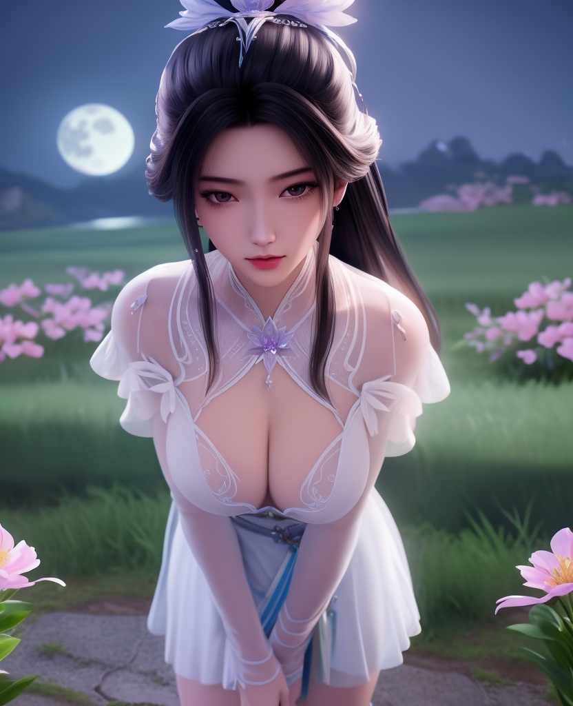 <lora:611-DA-诛仙-陆雪琪-V3:0.8>(,1girl, ,best quality, ),looking at viewer,  ,ultra detailed background,ultra detailed background,ultra realistic 8k cg,, ,masterpiece, (( , )),, ,   ,   cure blossom, full moon,night,night sky,  (cleavage), (), ,,