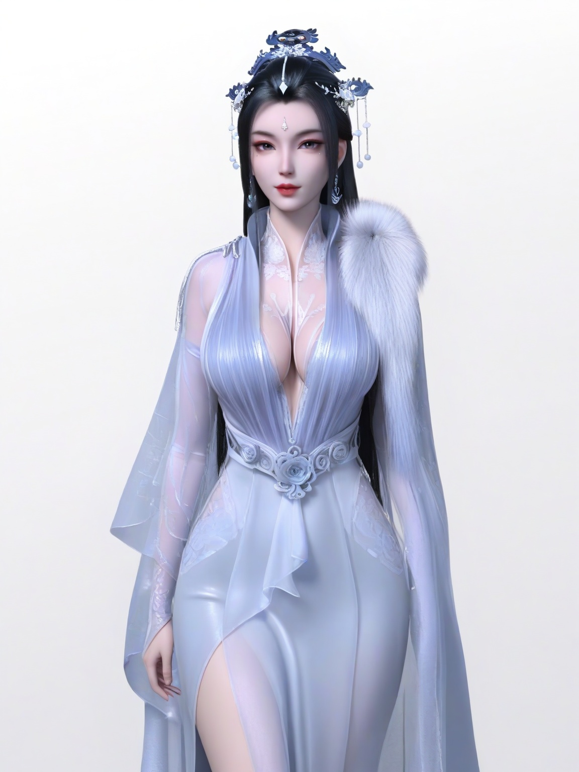 score_9,dress,black hair,long hair,hair ornament,forehead mark,1girl,breasts,large breasts,standing,solo,mole under eye,eyeshadow,fur,lipstick,white background, looking at viewer,cowboy_shot,<lora:SF_YueYao_Pony_Realism2.3-000003:0.7>,
