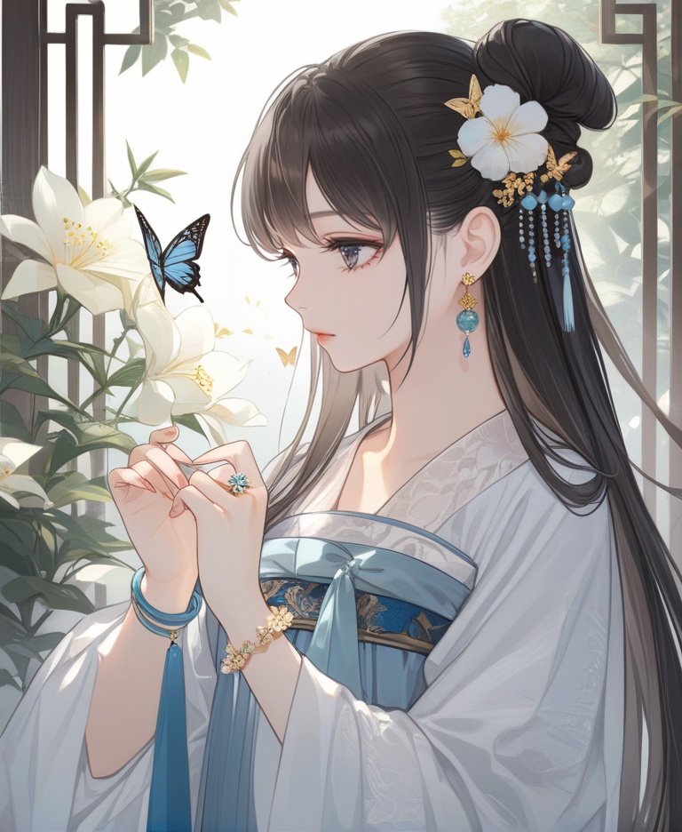(best quality), ((masterpiece)), (highres), illustration, original, extremely detailed, <lora:Old wind:0.7>licg, 1girl, solo, flower, jewelry, hair ornament, butterfly, chinese clothes, bug, hanfu, bracelet, ring, earrings, hair flower, black hair, long hair, upper body, hair bun, long sleeves