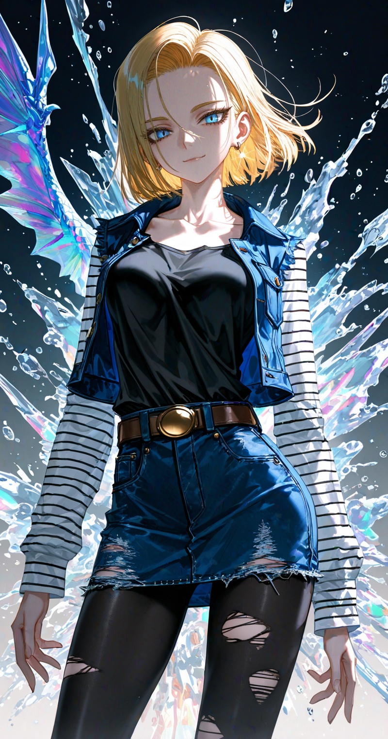 Android 18,dragon ball,1girl,solo,android 18,blonde hair,pantyhose,torn clothes,skirt,breasts,torn pantyhose,denim,blue eyes,short hair,belt,denim skirt,earrings,smile,jewelry,shirt,long sleeves,black pantyhose,contrapposto,striped,medium breasts,collarbone,jacket,extreme aesthetic,close-up details,outstanding style,adding a touch of dimension to your images without compromising details,whirls of vapor,iridescent textures,(Anime:1.1),ethereal ambiance,delicate details,magical high-concept,32K UHD,sharp focus,best-quality,masterpiece,golden hour,unconventional supreme masterpiece,masterful details,temperate atmosphere,with a high-end texture,in the style of fashion photography,photography,cover,dynamic angle,dynamic posture,(artist:quasarcake:0.8),extreme aesthetic,(wlop:0.6),(honjou raita, lack, rella:0.5, wanke),masterpiece,best quality,good quality,very aesthetic,absurdres,visual impact,a shot with tension,ultra-high resolution,32K UHD,sharp focus,best-quality,masterpiece,emotionalization,unconventional supreme masterpiece,masterful details,temperate atmosphere,with a high-end texture,in the style of fashion photography,(visual impact:1.2),giving the poster a dynamic and visually striking appearance,impactful picture,official art,colorful,splash of color,movie perspective,masterpiece,best quality,amazing quality,very aesthetic,absurdres,best quality,newest,