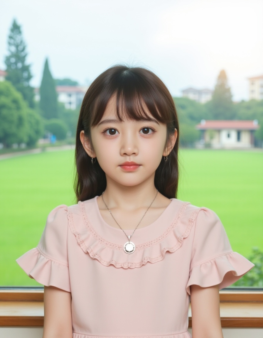 a young Asian girl stands in front of a window. She is dressed in a light pink,short-sleeved blouse with a lace trim around the neckline and shoulders. She's wearing a silver necklace with a circular pendant,adding a touch of charm to her outfit. The girl's eyes are a deep brown,her hair is a dark brown,and her lips are a lighter pink. The backdrop of the scene is a lush green grassy field,with tall trees and buildings in the distance. The sky is a pale blue,and the sun is shining through the window.,