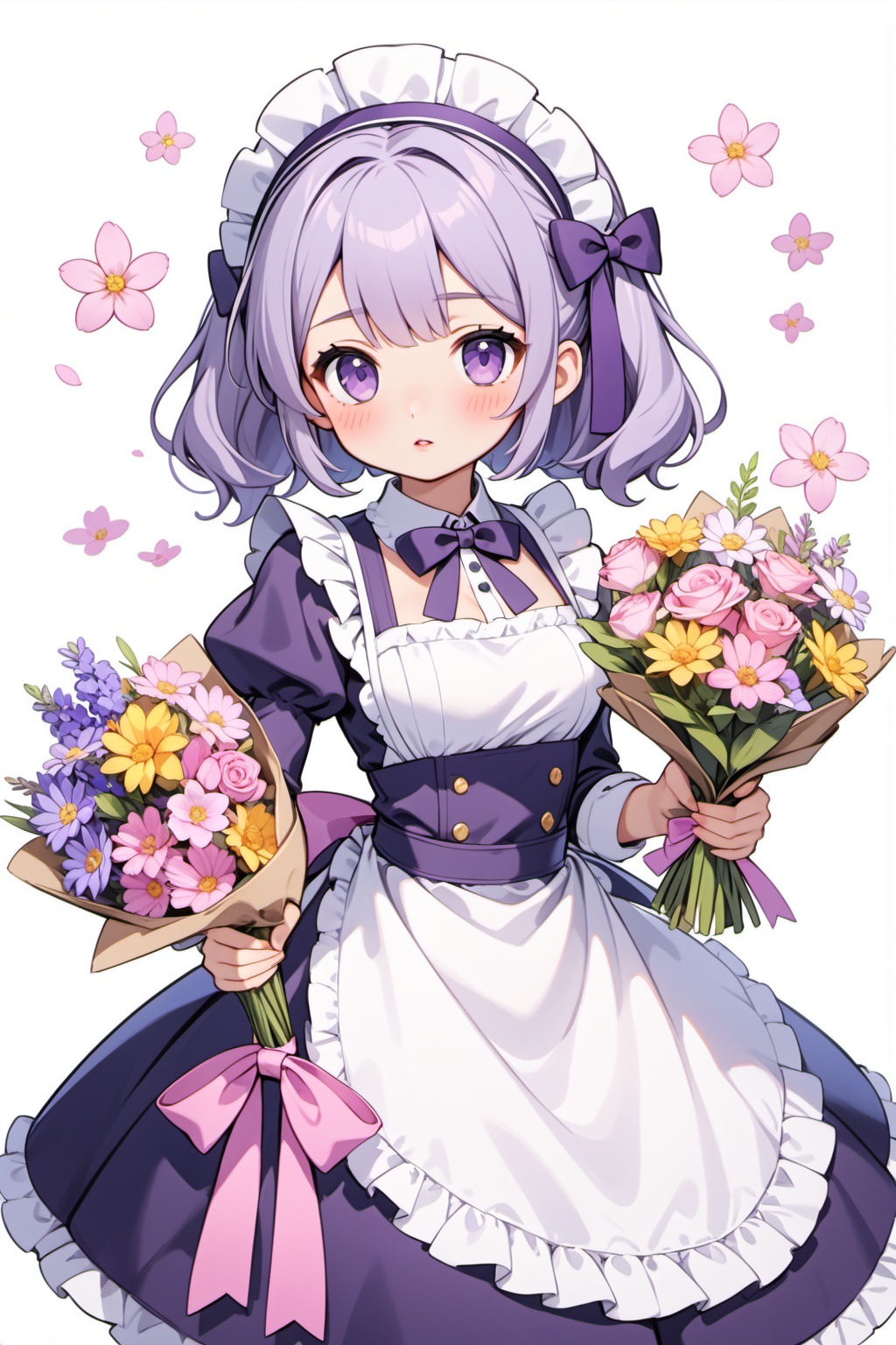 1girl,solo,flower,bouquet,purple eyes,maid headdress,looking at viewer,maid,apron,holding,white background,long sleeves,holding bouquet,grey hair,dress,bow,juliet sleeves,puffy sleeves,blush,simple background,parted lips,frills,ribbon,two side up,hair bow,maid apron,, masterpiece,best quality,very aesthetic,absurdres,