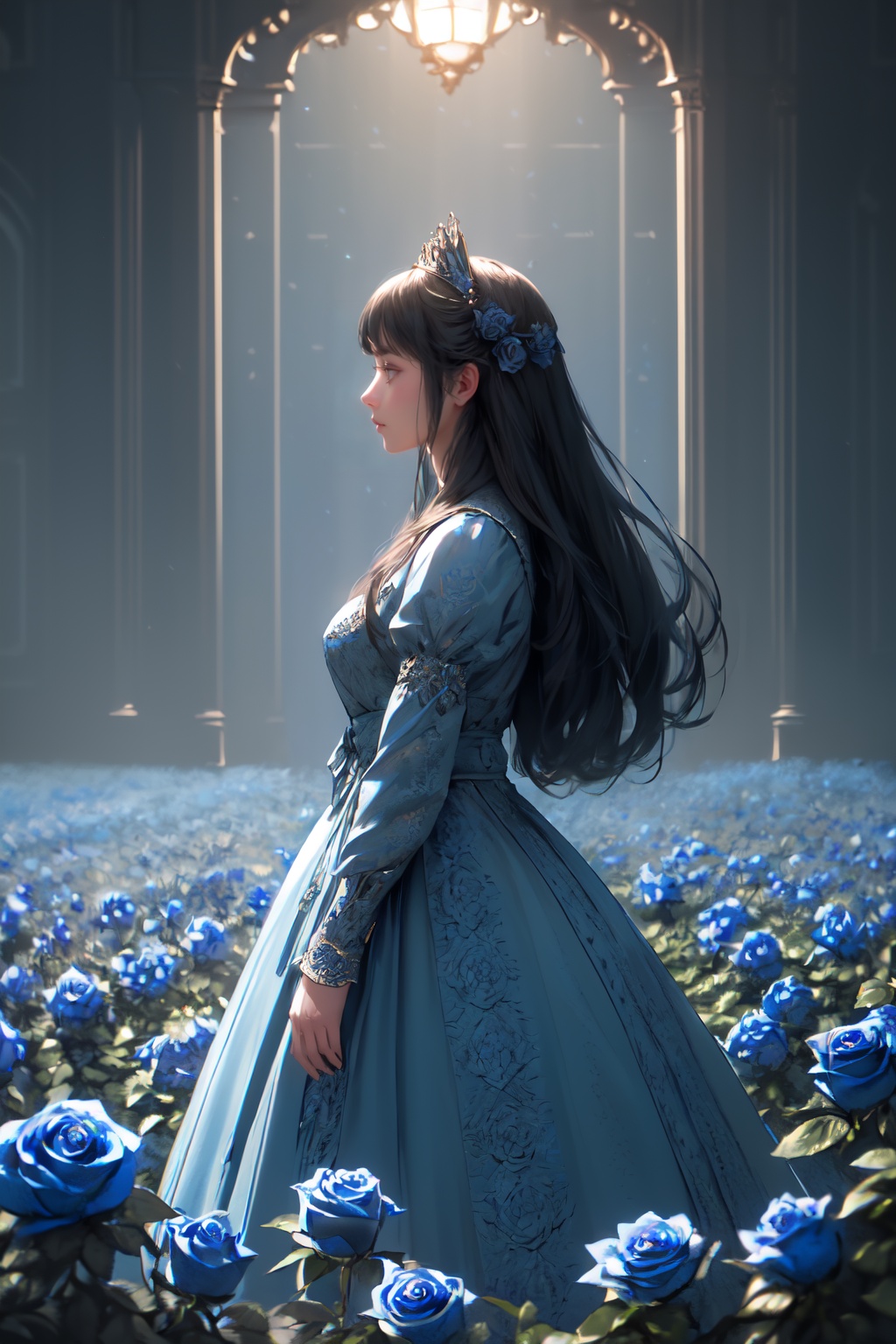 (highlydetailed),(detailed lighting),(contrast),(mysterious atmosphere),vivid illumination,masterful technique,harmonious composition,immersive atmosphere,stunning visuals,1girl,from side,A girl was standing in a field of blue roses,realistic,Princess,sunlight,Blue rose patterned surface details,Soft blue light,In the background is a dreamlike sea of roses,