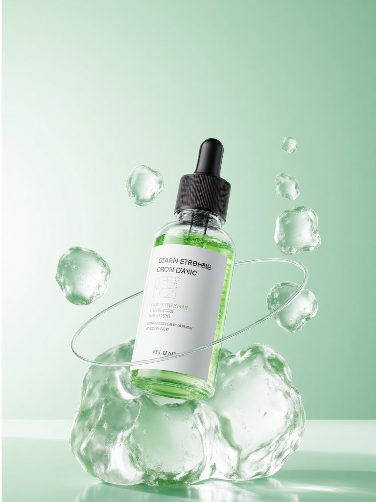 This picture shows a kind of plant extracted acne essence, which is designed with a transparent glass bottle body and contains fresh green liquid inside. The bottle mouth is equipped with a black dropper type cap for precise access. The bottle is labeled with a white label, surrounded by transparent circular lines and several crystal clear ice shaped decorations. At the bottom, there is a large ice shaped object that stably supports the bottle. The entire screen is set against a gradient light green background, creating a refreshing, pure, and professional visual effect that perfectly echoes the core functions of the product in removing acne, moisturizing, and hydrating.