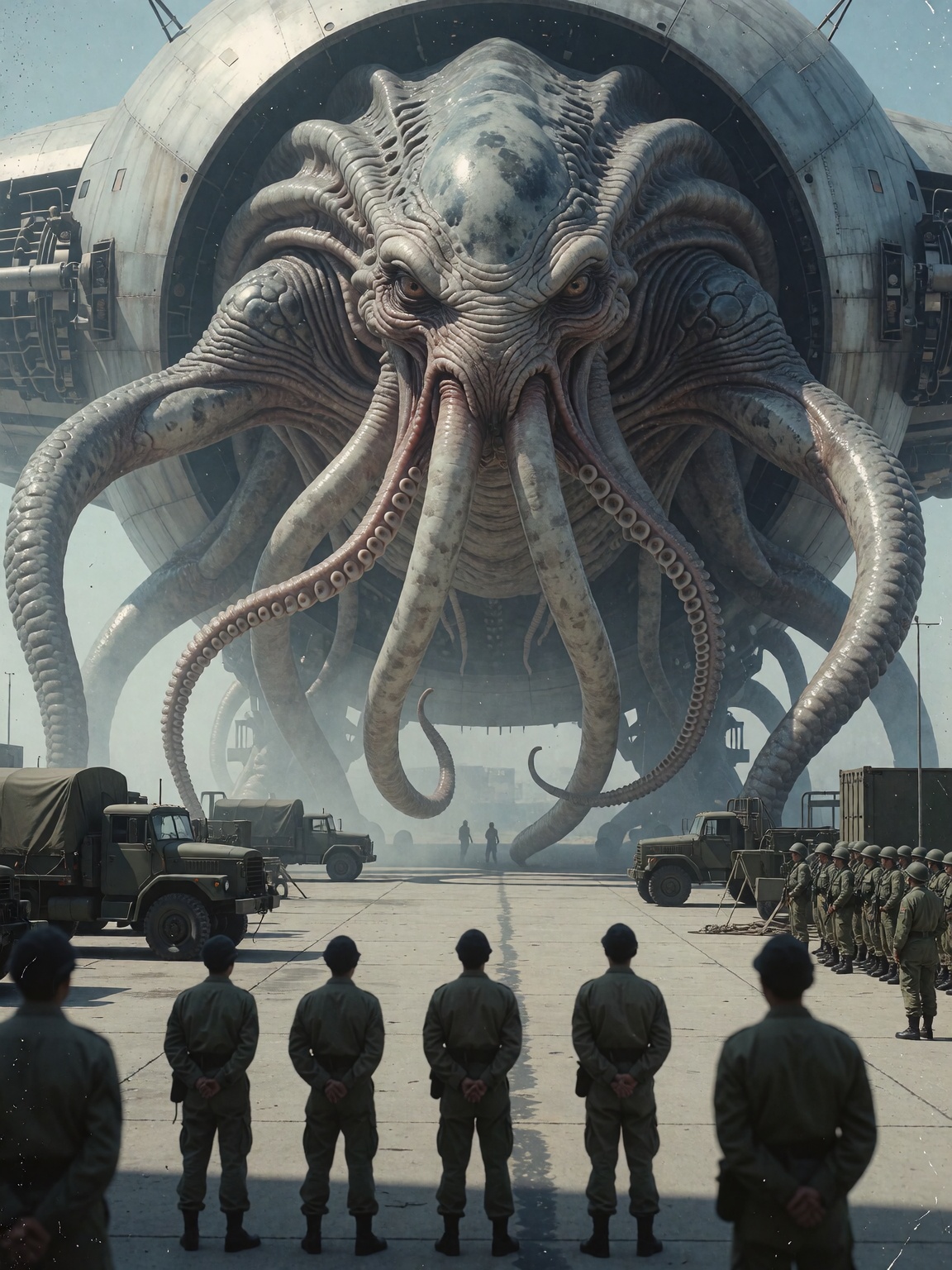 A cinematic,  vintage sci-fi scene featuring a colossal,  grey on Tensor.Art