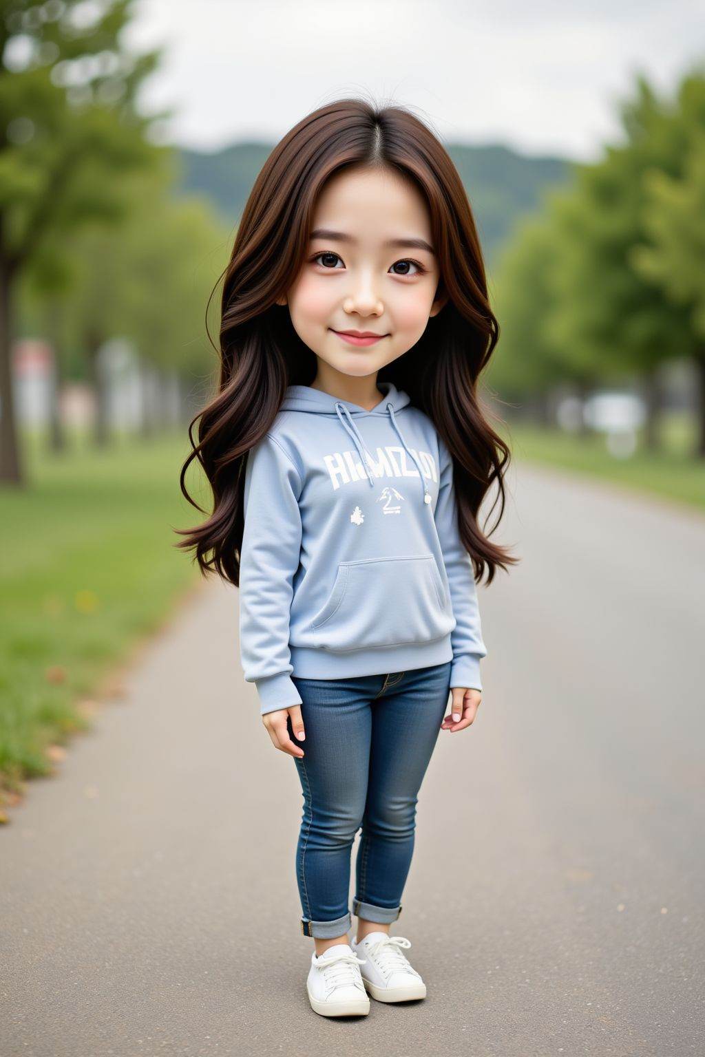 <lora:20250503_AgainCharactersF1Lora:1>, The image is a high-resolution photograph featuring a woman,solo,looking at viewer,long hair,standing,full body,clothes,outdoors,realistic,chibi,