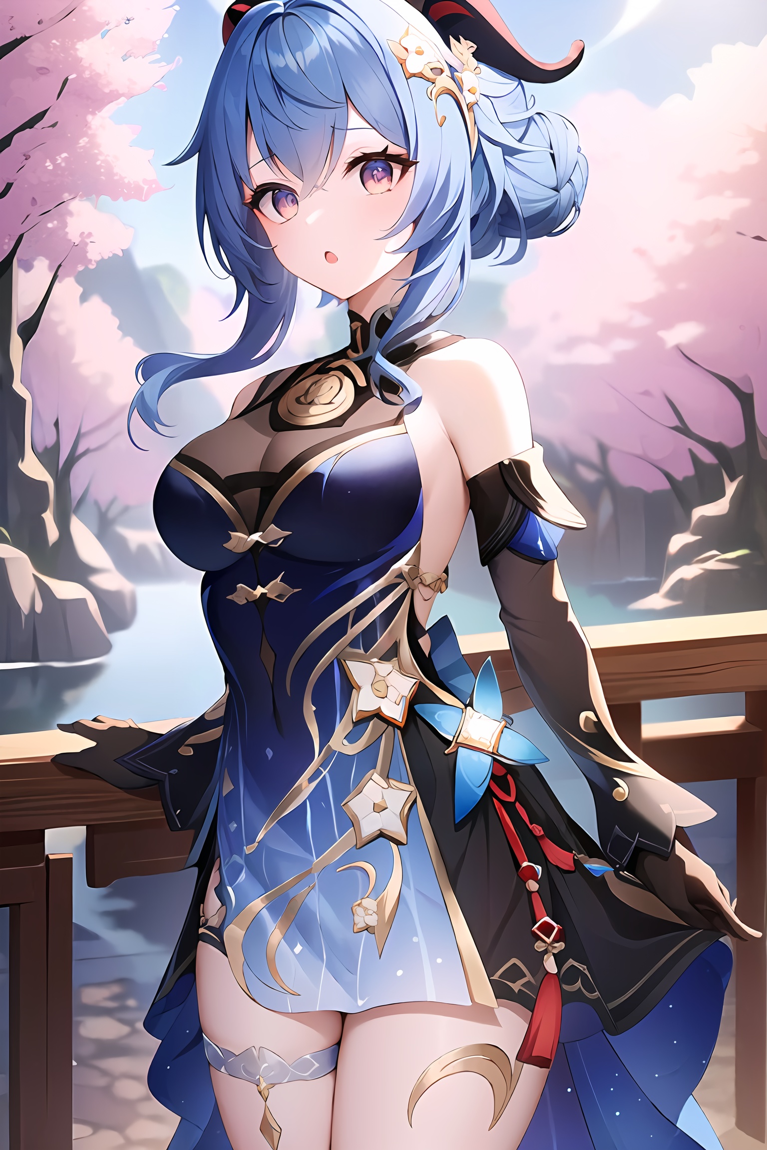 (masterpiece, best quality:1.2),insanely detailed,absurdres,ultra-highres,ultra-detailed,best quality,slender,kawaii,perfect symmetrical face,ultra cute girl,ultra cute face,ultra detailed eyes,ultra cute,ultra beautifu,outdoors,<lora:ganyu_all-000001:1>,day,nature,ganyu\(twilight blossom\),ganyu \(genshin impact\),alternate costume,black dress,short hair,black elbow gloves,hair ornament,1girl,solo,breasts,detached sleeves,bare shoulders,tassel,hair bun,bare legs,thigh_strap,standing,open mouth,:o,