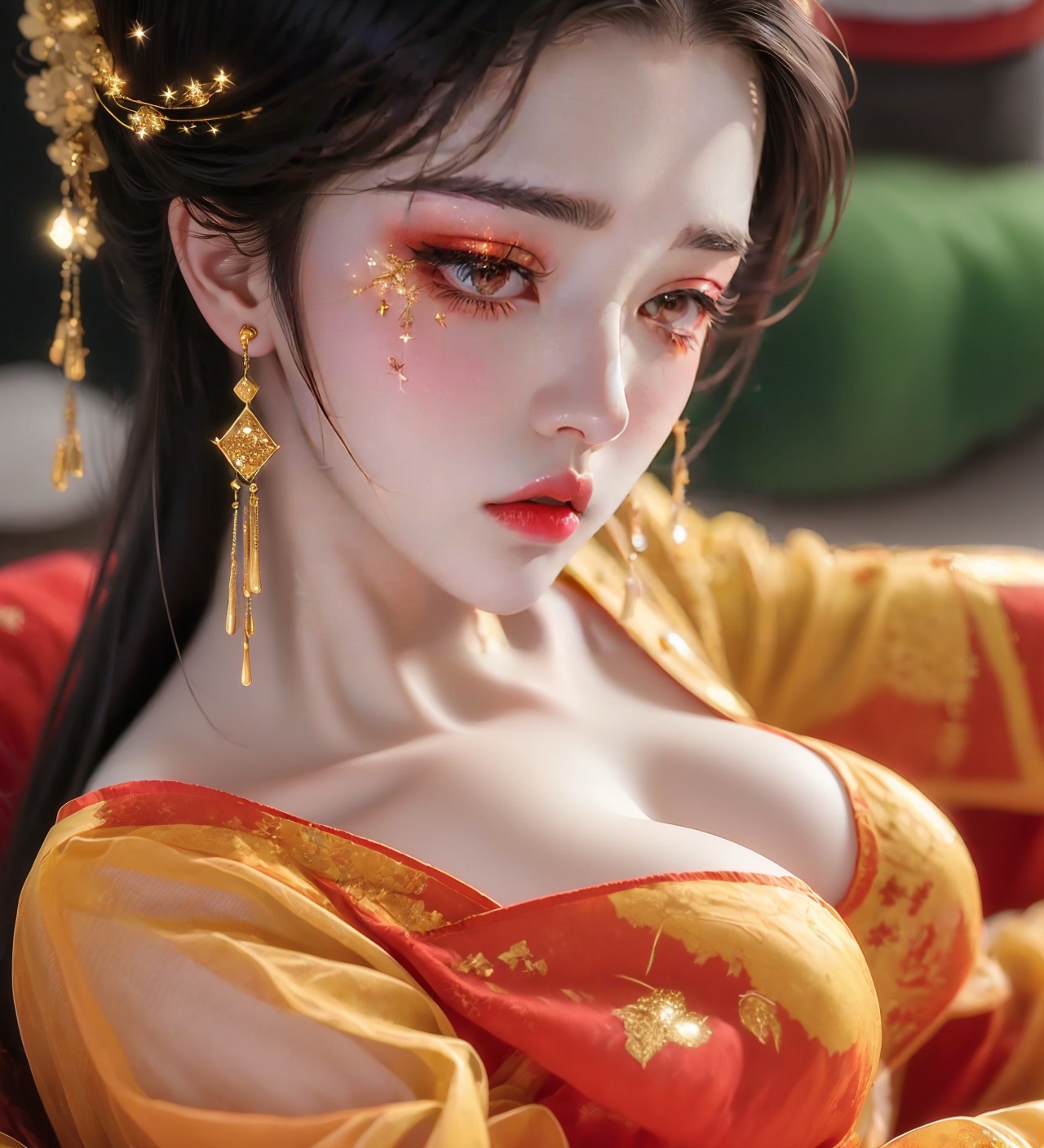 1girl,jewelry,red_lips_,lipstick,eye makeup,black hair,diamond drop earrings,plump breasts,<lora:绝美精致1.6:0.5>,(solo:1.5),<lora:眼妆金色1.1:0.8>,yellow long upper shan,sparkle,