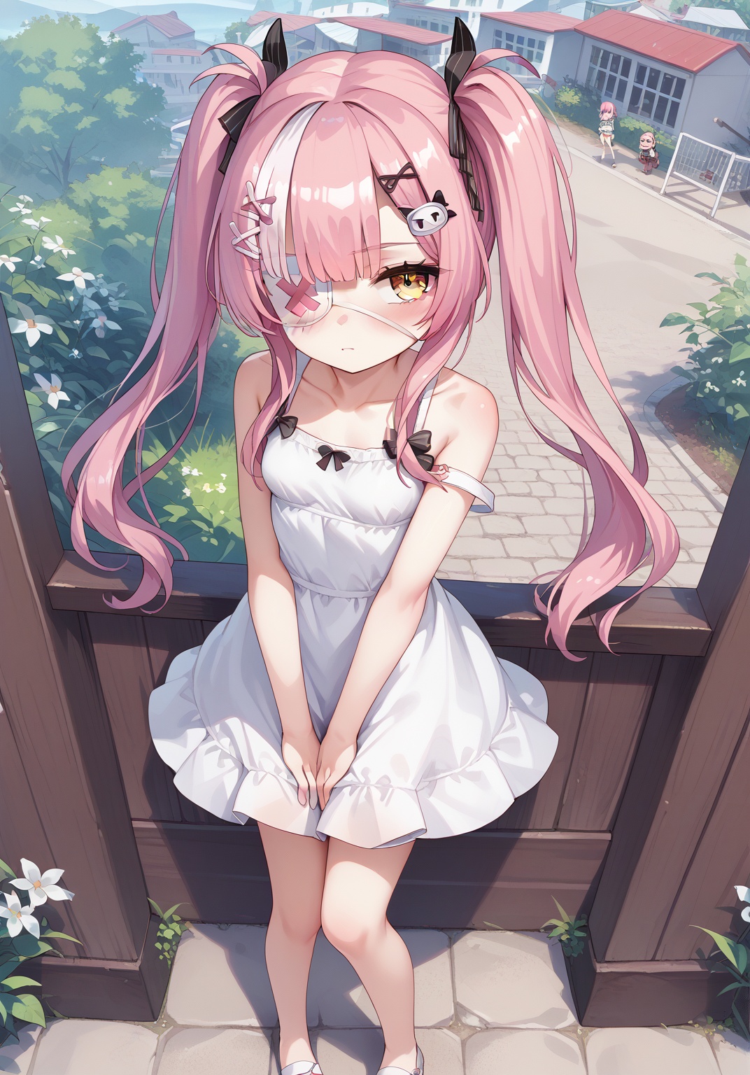 <lora:z47_pony_v1.0:0.7>,z47_\(azur_lane\),twintails, hair_ornament,yellow eyes, pink_hair, eyepatch, sundress, from above, hand between legs,standing, blush,small breasts, looking at viewer, outdoors,,, score_9, score_8_up, score_7_up, source_anime,