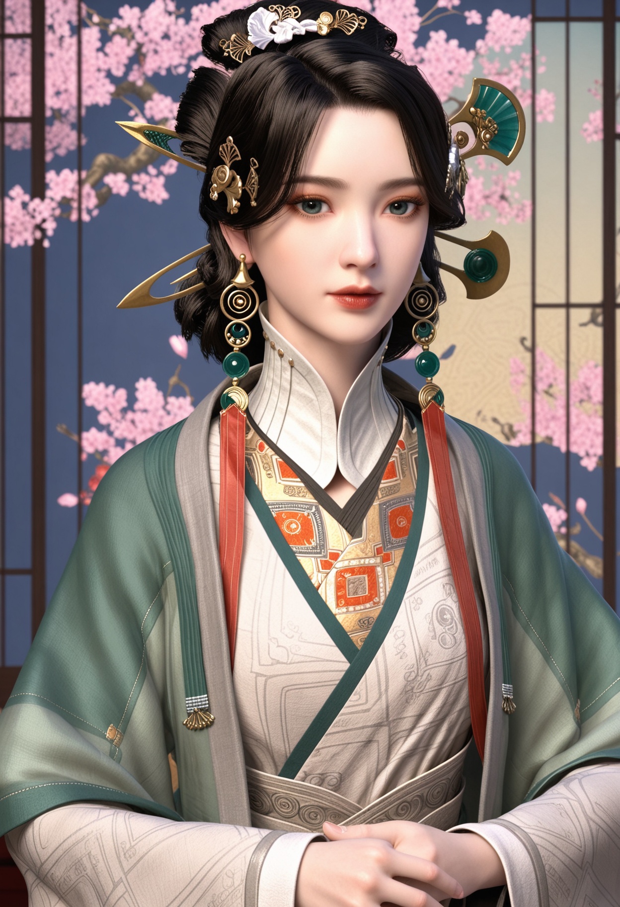 (upper_body:1.2),(looking at viewer:1.1),masterpiece,(best quality),smog,Dark room,dim lighting,peach blossom,falling petals,<lora:YQ_Illustrious光辉v5_须妍_V1:0.8>,q1528437228,1girl,solo,jewelry,hair ornament,earrings,chinese clothes,black hair,hanfu,brown hair,long sleeves,wide sleeves,hair stick,green eyes,updo,hair bun,tassel,blue eyes,black eyes,brown eyes,necklace,hair flower,