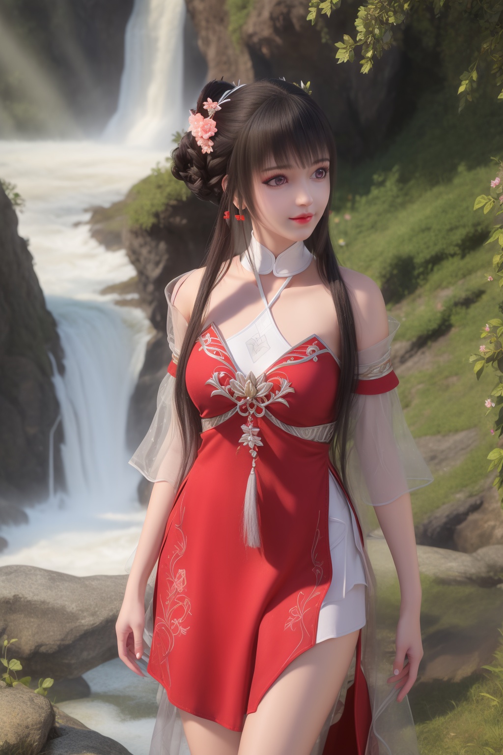 ultra realistic 8k cg,flawless,clean,masterpiece,professional artwork,famous artwork,perfect face,beautiful face,best quality,full_shot,absurdres,shenfengXiaoHuoLingEr,1girl,solo,dress,red dress,skirt,standing,blunt bangs,chinese clothes,detached collar,detached sleeves,hair bun,hair flower,halterneck,halterneck,sidelocks,torogao,smile,makeup,red lips,breasts,large breasts,jewelry,earrings,hair ornament,(outdoors:1.4),water,waterfall,butterfly,flower,long hair,realistic,looking at viewer,high heels,<lora:shenfengXiaoHuoLingEr_20240106001948-000004:0.7>,