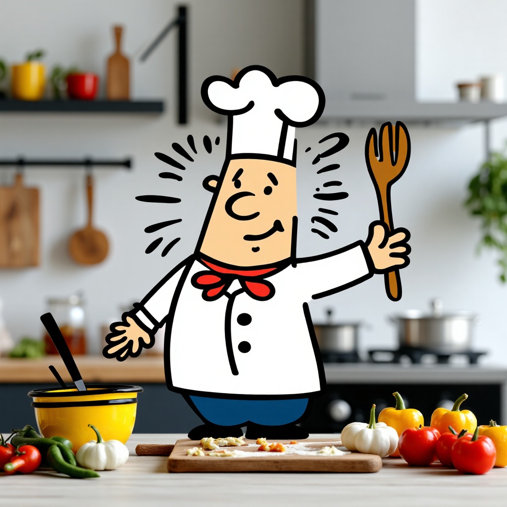 beijihui,A cartoon chef is cooking. The background shows a real photo of the kitchen,
