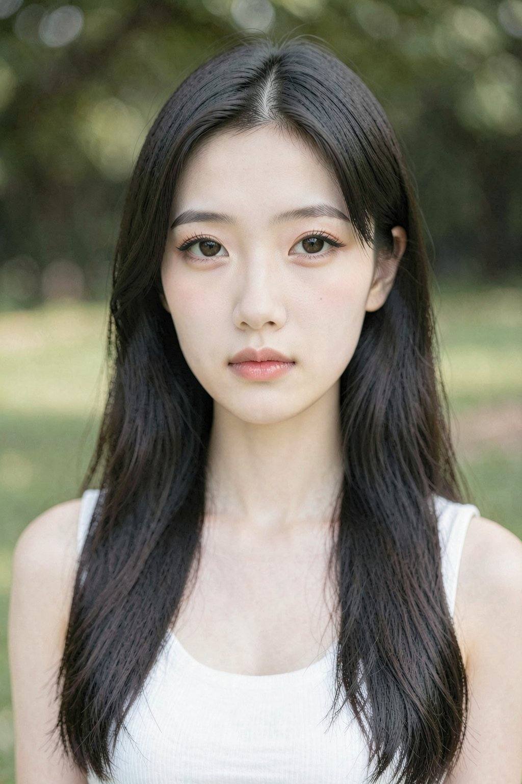 This is a high-resolution photograph of a young Asian woman with a fair complexion and long, straight, dark brown hair that falls past her shoulders. She has a slender face with high cheekbones and a smooth, clear complexion. Her almond-shaped, dark brown eyes are wide open, accentuated by subtle makeup, including well-defined eyebrows and eyeliner. Her lips are naturally pink, with a slight hint of gloss, and her nose is small and straight. She is wearing a sleeveless white top, which contrasts with her dark hair and fair skin, making her stand out prominently in the image.The background is blurred, indicating that the photograph was taken outdoors, possibly in a park or garden, with soft green hues suggesting lush foliage. The lighting is natural, likely from the sun, creating a soft, even illumination that highlights her features without casting harsh shadows. The overall mood of the image is serene and intimate, focusing on the subject's face and upper chest, with a shallow depth of field that keeps the background out of sharp focus. This detailed portrait captures a moment of calm and natural beauty.