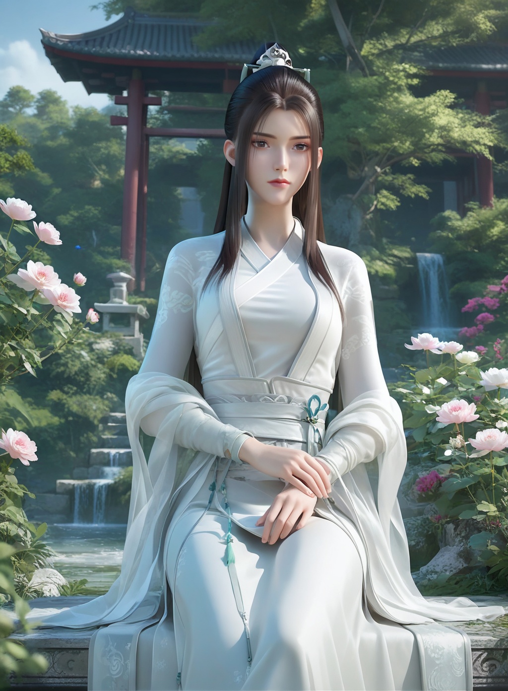 score_9,score_8_up,score_7_up,1girl,long hair,breast,medium breast,hair_ornament,<lora:wy_fangqingxue_XLdz:0.8>,chinese_clothes,hanfu,sitting,outdoors,gaden,flower,flowers,white_flower,