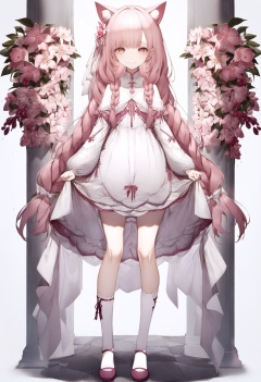 masterpiece, best quality<lora:sd_xl_dpo_lora_v1-128dim:1>,1girl, solo, dress, long hair, pink hair, animal ears, full body, white dress, socks, white socks, very long hair, bangs, pink eyes, long sleeves, cat ears, flower, standing, kneehighs, white background, hair ornament, looking at viewer , braid, smile, pink dress  , <lora:hitoimimXLlokr4f-000053:1>