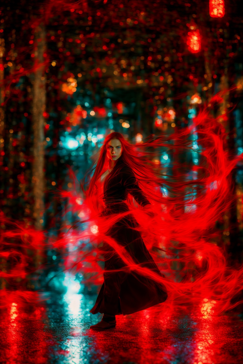 dancing,fighting stance,red-aura,using red-magic,red-magic,1girl,solo,long hair,blue eyes,common face,full body,<lora:magic_fighting_red_512_dreamshaper_8:0.8>,