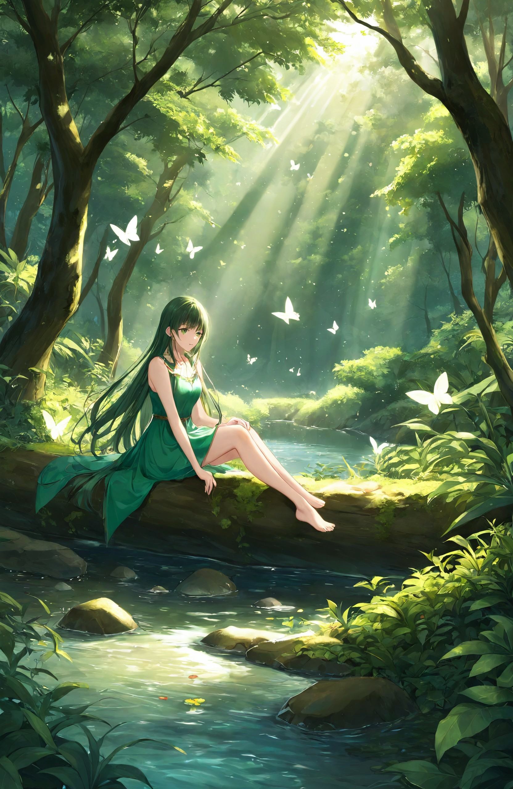 A girl with long hair, dressed in a simple green dress, sits by a serene river in the middle of a lush forest. Around her, butterflies flutter and beams of sunlight filter through the dense foliage. The scene exudes a sense of connection with nature and calm serenity.