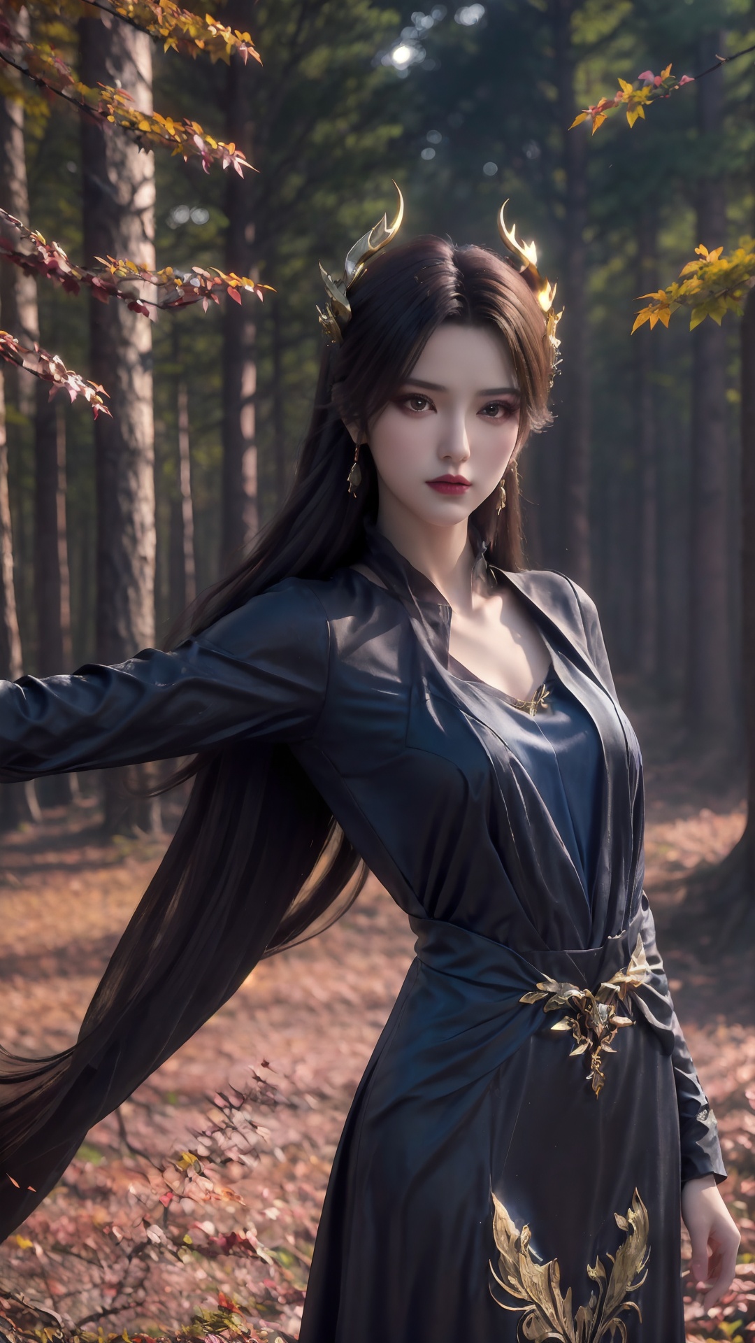 The image is a digital illustration of a young woman standing in a forest during autumn. She is wearing a long, flowing black dress with gold accents and a blue bodice. The dress has a high neckline and long sleeves, and the bodice is decorated with intricate gold designs. The woman has long dark hair styled in loose waves and is wearing two golden horns on her head. She has a serious expression on her face and is standing with her arms crossed in front of her. The background is filled with trees with orange and red leaves, creating a beautiful autumnal scene. The overall mood of the image is peaceful and serene..,<lora:1.5曹颖(2):0.8>,