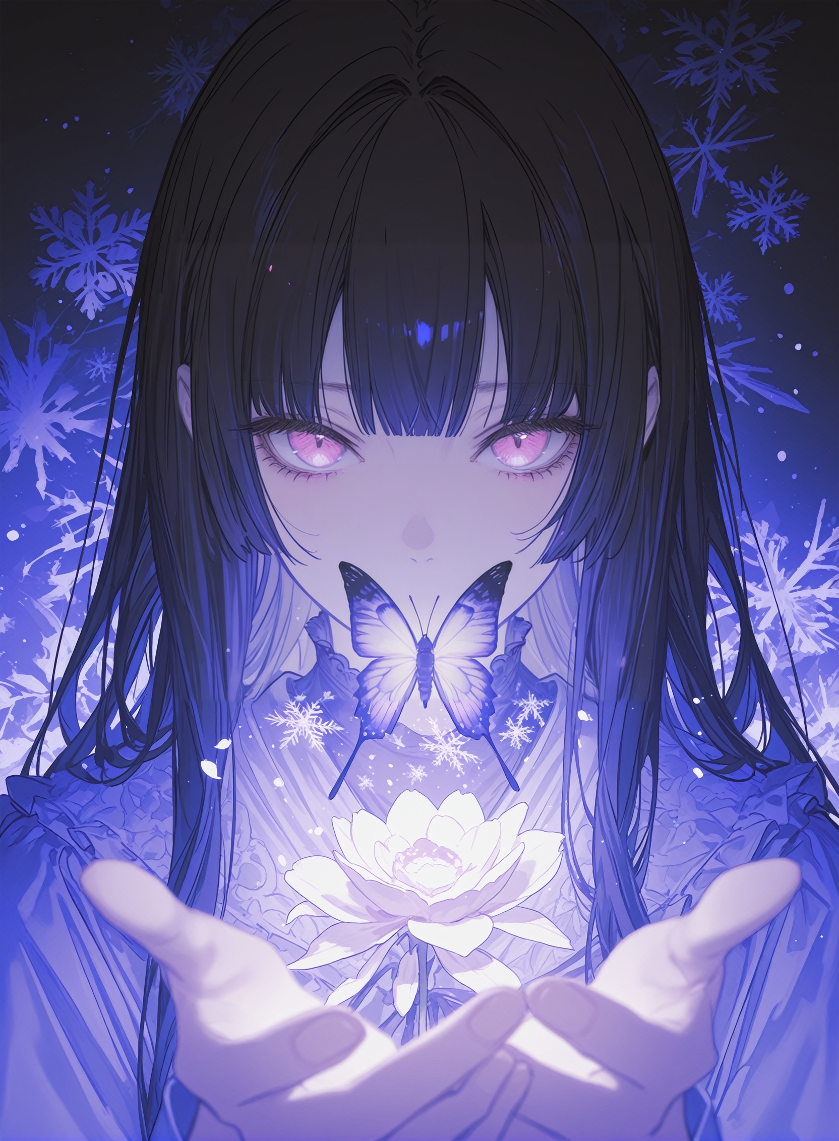 rtist:miv4t,(artist:yoneyama mai:0.8),(artlist:betabeet:0.8),(artist:rella:0.6),(artist:wanke:0.6),(artist:xilmo:0.6),masterpiece,best quality,amazing quality,newest,solo,1girl,masterpiece,best quality,high quality,newest,highres,8K,HDR,absurdres,fly_illu,flat color,lineart,thick_outlines,dynamic composition,1girl,solo,bug,butterfly,bangs,black hair,looking at viewer,long hair,blunt bangs,covered mouth,purple eyes,purple theme,eyelashes,flower,pink eyes,snowflakes,dark_theme,abstract background,depth of field,blurry foreground,
