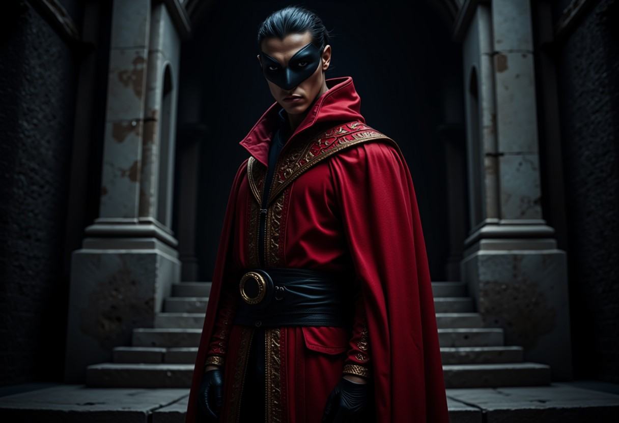 A hyper-realistic,  8K cinematic scene of man standing on a stone step,  wearing intricate red 'Zorro' attire with luxurio...
