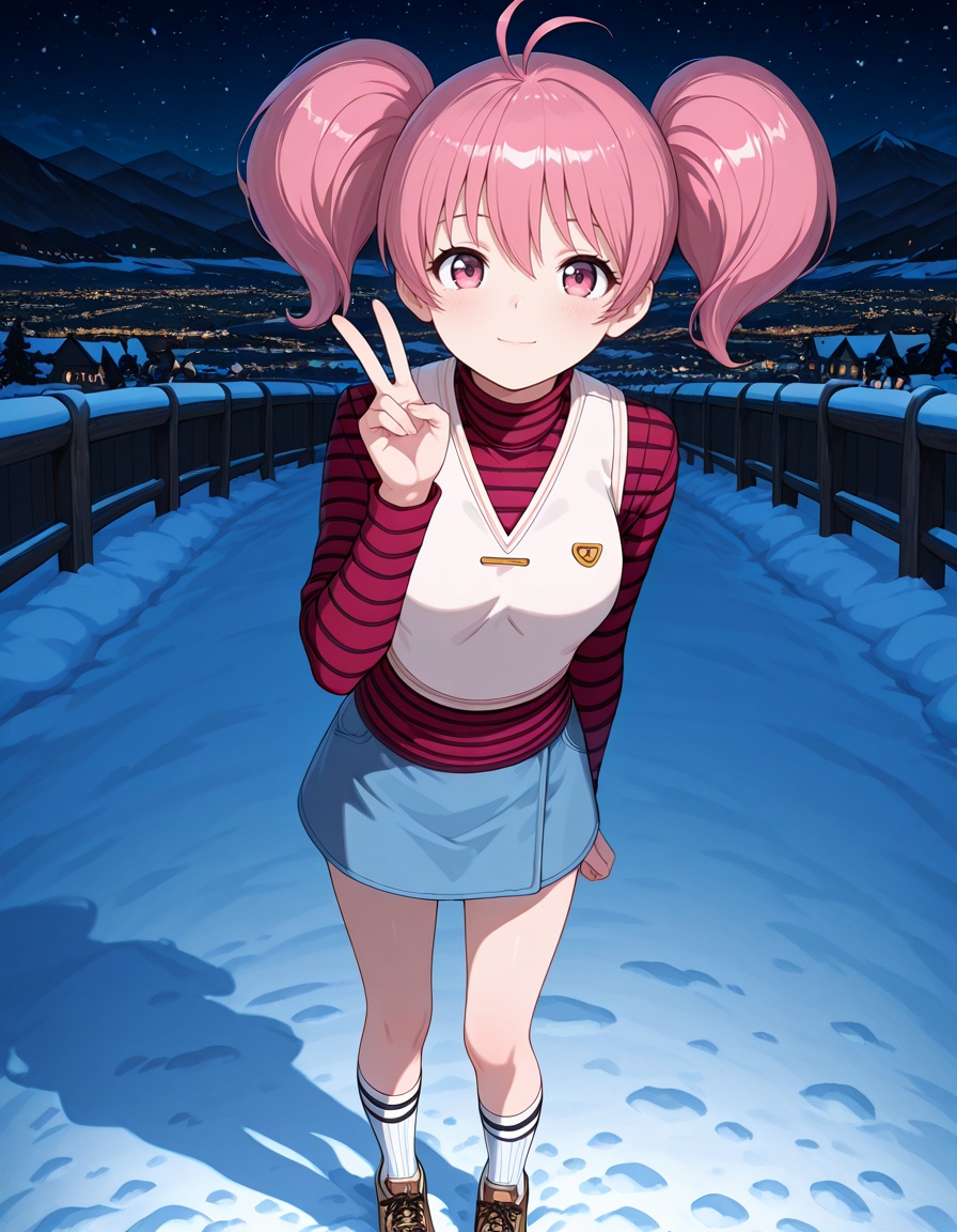 masterpiece, best quality, amazing quality,1girl, looking at viewer, outdoors, snow, night, light smile, v, mountainous horizon, <lora:megumi_minami-tantei_gakuen_q_s1-v2-ixl-anime-soralz:1>, megumi minami (tantei gakuen q), short hair, twintails, antenna hair, pink hair, hair between eyes, pink eyes,striped turtleneck, red turtleneck, white vest, blue pencil skirt, white striped socks, brown sneakers, <lora:StS-Illustrious-Detail-Slider-v1.0:3>