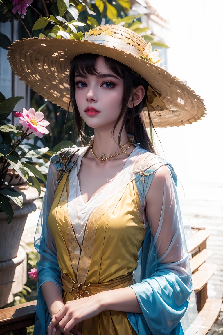 cheng,1girl,solo,(upper body:1.3),long hair,black hair,long sleeves,dress,holding,jewelry,standing,full body,ponytail,necklace,high heels,looking to the side,yellow dress,yellow skirt,sun hat,realistic,straw hat,pearl necklace,outdoors,looking at viewer,masterpiece,best quality,official art,unity 8k wallpaper,Brilliant colors,exaggerated art,,<lora:20240614-1718346849273:0.8>