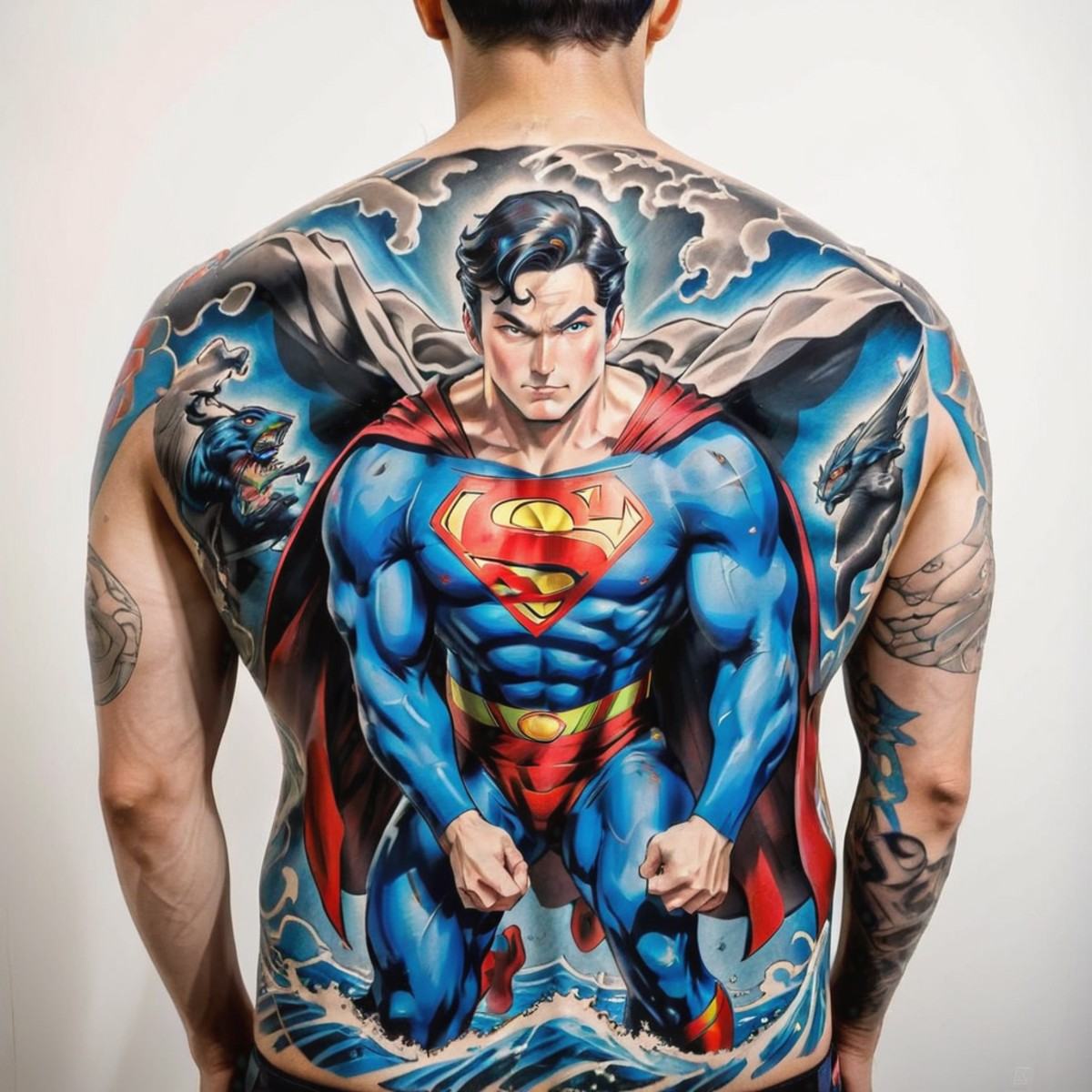 man with a striking tattoo of the ukiyoe style superman,  ,  ultra-detailed on Tensor.Art