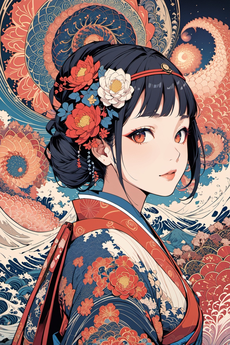 masterpiece,best quality,1girl,(fractal art),Ukiyoe art style,anime art style,