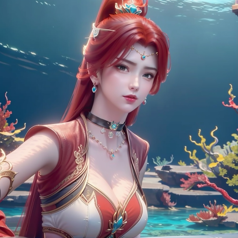 <lora:斗破苍穹-唐火儿:1>red hair,  (,1girl, ,best quality, ),looking at viewer,masterpiece, ((((, solo,  , ,solo focus, ,underwater, )))) ,ultra realistic 8k cg,   clean, masterpiece,     cinematic lighting, cinematic bloom,  (( , )),, , unreal, science fiction, luxury, jewelry, diamond, gold, pearl, gem, sapphire, ruby, emerald, intricate detail, delicate pattern, charming, alluring, seductive, erotic, enchanting, hair ornament, necklace, earrings, bracelet, armlet,,(cleavage),