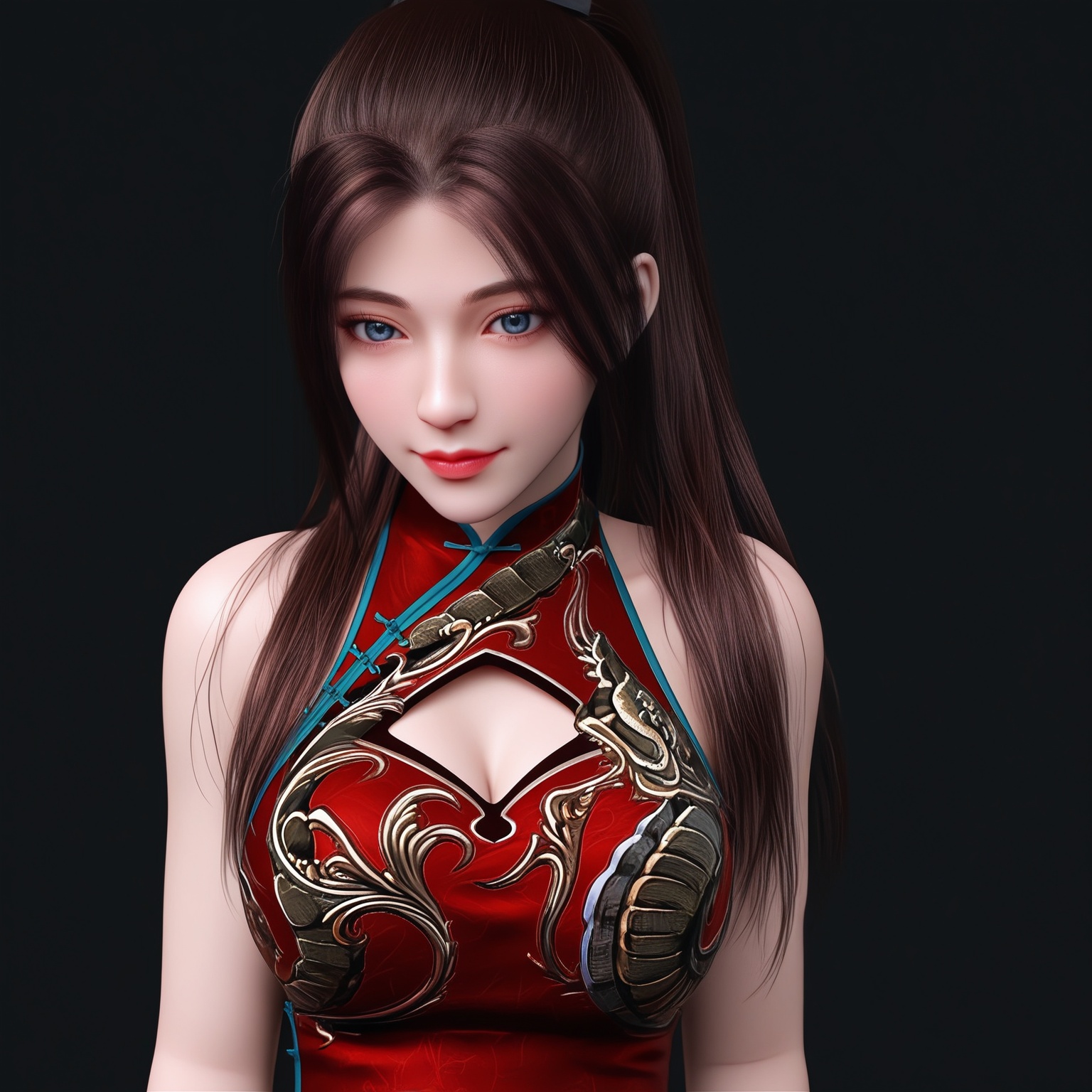 (score_9),masterpiece,best quality,absurdres,highres,(upper body),(white_skin),(Ivory_skin),light_skin,BREAK1girl,solo,<lora:唐紫尘-ill-000009:0.82>,htzc,igh ponytail,long hair,brown hair,blue eyes,light smile,(looking at viewer),(front view),light blush,bare shoulders,clothing cutout,cleavage cutout,bracelet,china dress,(red_china dress),thigh strap,short shorts,(large teardrop breasts),(large breasts),BREAK(Cinematic Lighting:1.1),simple background,black background,