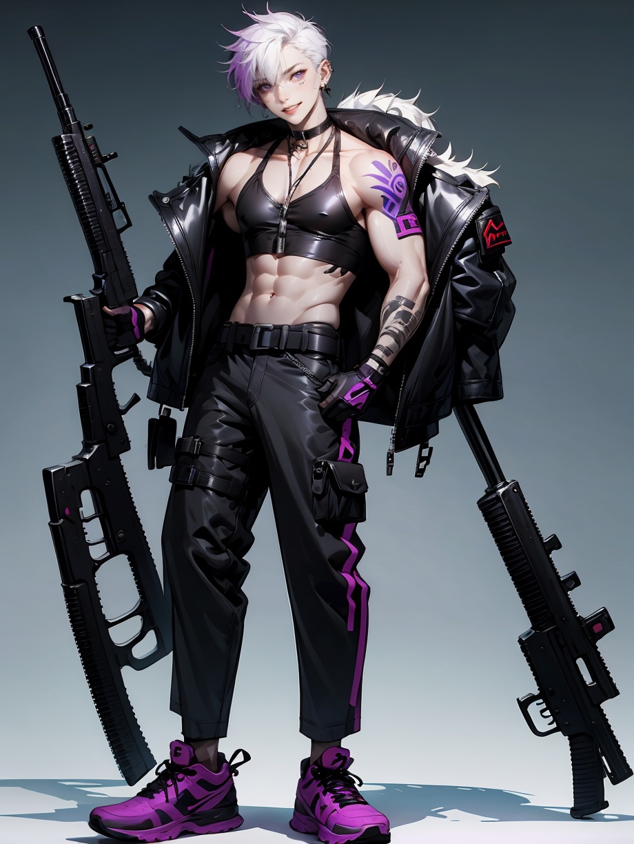 HEZI, Cyberpunk, Character design, science fiction, game characters, 1boy, solo, gloves, male focus, holding, grey background, fingerless gloves, black gloves, black hair, jacket, pants, instrument, belt, black footwear, black jacket, purple eyes, guitar, simple background, black pants, choker, full body, standing, boots, jewelry, earrings, purple hair, hand on hip, multicolored hair, shirt, white shirt, open clothes, smile, looking at viewer, weapon, black choker, bracelet, open jacket, off shoulder, collarbone, hair between eyes, closed mouth, spikes, arm belt, **** top, long hair, medium hair, parted lips, zipper, holding weapon, cross-laced footwear, piercing, scythe, white **** top, armband, arm strap, bare shoulders, sleeveless shirt, electric guitar, long sleeves, buckle, streaked hair, holding instrument, sleeveless, necklace, ear piercing, virtual youtuber, bangs, belt buckle, axe, torn clothes <lora:索泰:0.7>