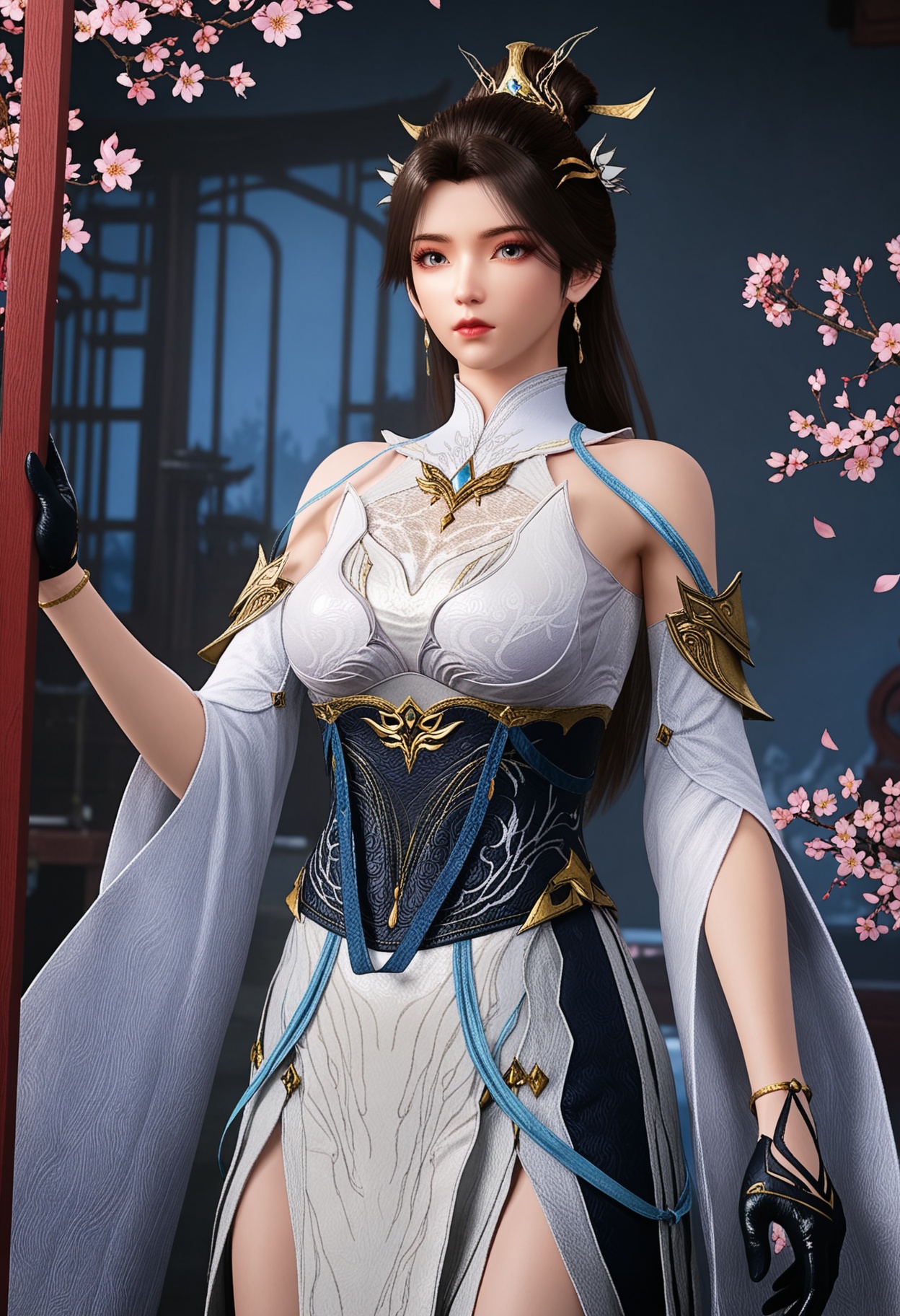 (standing full_body:1.1),(looking at viewer:1.1),masterpiece,(best quality),smog,Dark room,dim lighting,peach blossom,falling petals,<lora:YQ_Illustrious光辉v5_灵溪_V1:0.8>,q1528437228,1girl,solo,jewelry,long hair,hair ornament,earrings,brown hair,dress,white dress,hair bun,black hair,detached sleeves,chinese clothes,gloves,ponytail,black gloves,single hair bun,high heels,brown eyes,grey eyes,blue eyes,sash,bracelet,