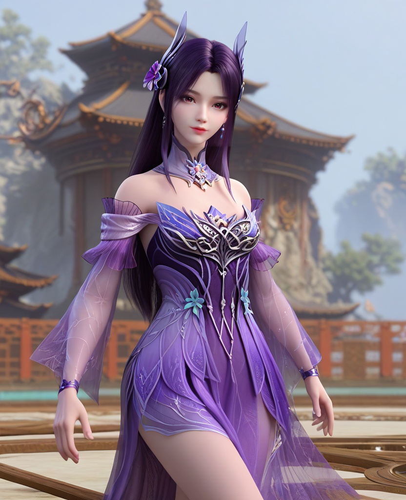 (oriental architecture, elegant decor, sophisticated style:1.1),(skiing:1.1),looking at viewer,(breasts:1.2),<lora:XL16斗破苍穹小医仙黑发斗尊:0.95>,miss xiaoyixian,purple dress,rufous eyes,dark purple hair,half-up braid with long cascading hair,hair ornament,bare shoulders,detached collar,wide flowing sleeves with sheer fabric,earrings,jewelry,purple sheer fabric petticoat,sash,spiral foot decoration,purple high heels,, score_9,score_8_up,score_7_up,score_6_up,score_5_up,score_4_up,3d rendering,tag1,tag2, Cinematic Lighting,backlighting,, zPDXL3, zPDXL2,zPDXL, zPDXLxxx, zPDXLrl,