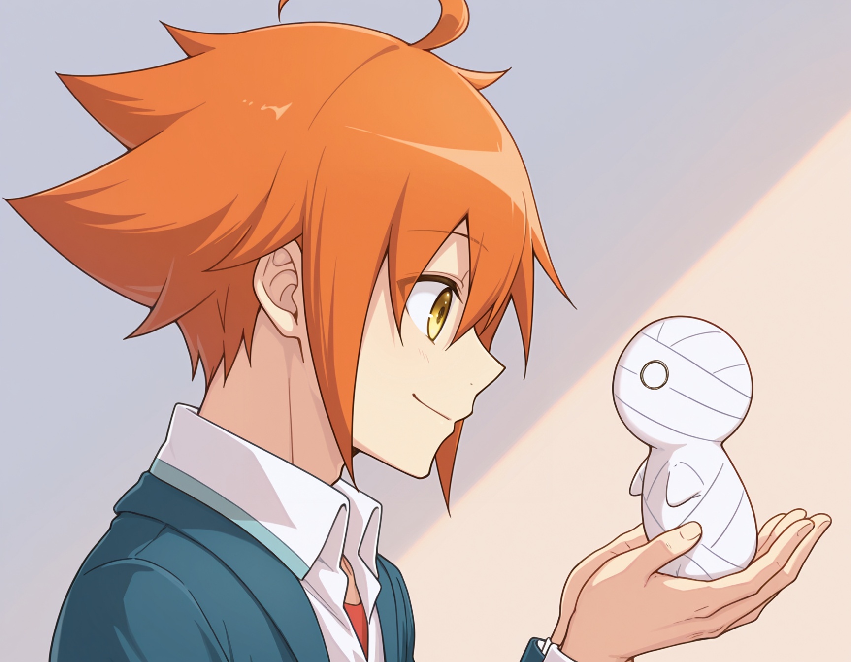 masterpiece,best quality,amazing quality,sora kashiwagi,mii-kun,solo,smile,1boy,1other,upper body,yellow eyes,ahoge,male focus,orange hair,from side,profile,bandages,creature,mummy,o o,blazer,white collared shirt,<lora:Sora_Kashiwagi_V2:1>,