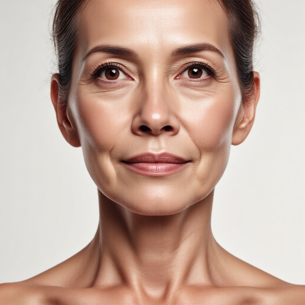 A surreal close-up portrait of a 80-year-old American woman looking straight into the camera with a calm and confident expression. Smooth skin,clean skin. The background is neutral and fully focused on her upper body.. ***** in a professional studio using Hasselblad H6D-100c,100mm f/2.2 lens,high-end editing photography,clear details,and soft directional lighting to enhance skin texture.,