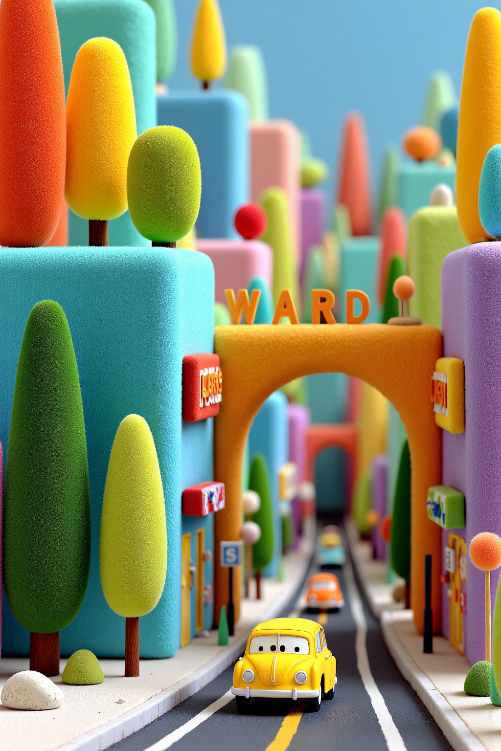 beijihui,a vibrant yellow toy car is parked on the left side of the frame. The car is positioned in front of an archway,which is adorned with a yellow sign that reads "WARD" in orange letters. To the left of the car is a blue building,adorned with green cactus plants,adding a pop of color to the scene. The background is a mix of pastel blue,pink,orange,and purple hues. The scene is set against a backdrop of a road,with a few other toy cars driving on it.,