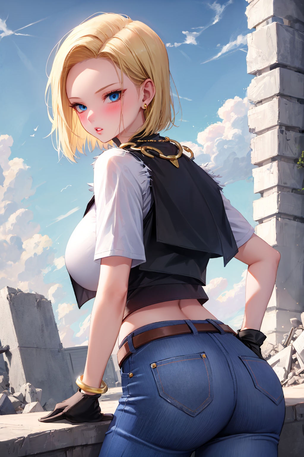 <lora:android18-lora-nochekaiser:1>,<lora:android_18_v110:0.4>,1girl,android 18,solo,blonde hair,blue eyes,jewelry,pants,ass,breasts,short hair,looking at viewer,earrings,denim,crop top,large breasts,parted lips,jeans,gloves,black gloves,belt,looking back,outdoors,shirt,bracelet,fingerless gloves,from behind,ruins,short sleeves,bangs,blush,white shirt,day,forehead,high-waist pants,midriff,necklace,blue pants,thighs,vest,rubble,