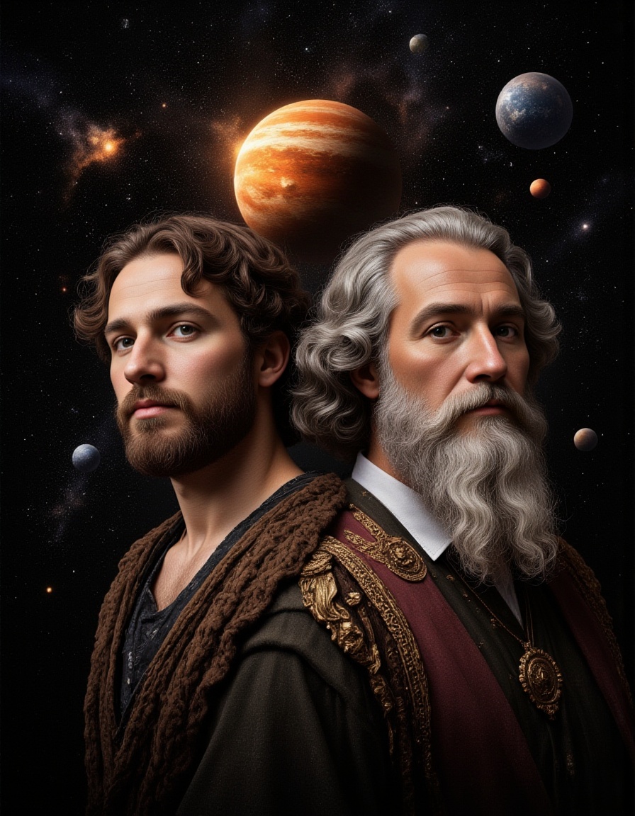 F1AlistdBolatu,A cosmic portrait of two historical figures, set against a backdrop that merges classical art with modern astronomy.,<lora:FLUX.阿里斯多德＆柏拉图F1AlistdBolatu:1>,