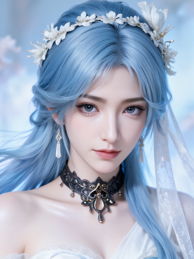 Photograph of a pale-skinned woman with striking blue hair styled in loose waves, adorned with a white veil and floral headpiece. She wears a detailed black lace choker and a white dress with blue accents. Her makeup is dramatic, with dark eyeliner and silver eyeshadow. The background is a soft, ethereal blue., Steps: 30, Sampler: Euler, CFG scale: 3.5, Seed: 3270617842, Size: 768x1024, Model hash: f303b7601a56500301a9331622d6c3bad39be8ec7fd75b86392dc62288f41d0a, Model: ZOZ_人像特摄_写实_00001_.safetensors, Denoising strength: 0, RNG: CPU, Lora 1: ZOZ_国漫.safetensors, Lora Hash 1: 6e7c10ec35f71b3cdb57582a04b8182b678a2ae2b3d430e357e0674079d60934, Lora Weight 1: 0.8, vae_name: automatic