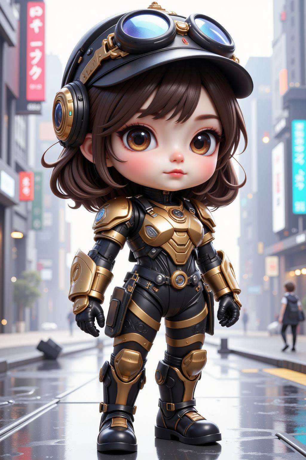 full body, chibi, 1girl, solo, brown hair, brown eyes, hat, looking at viewer, armor, boots, joints, cyber city, cyberpunk,