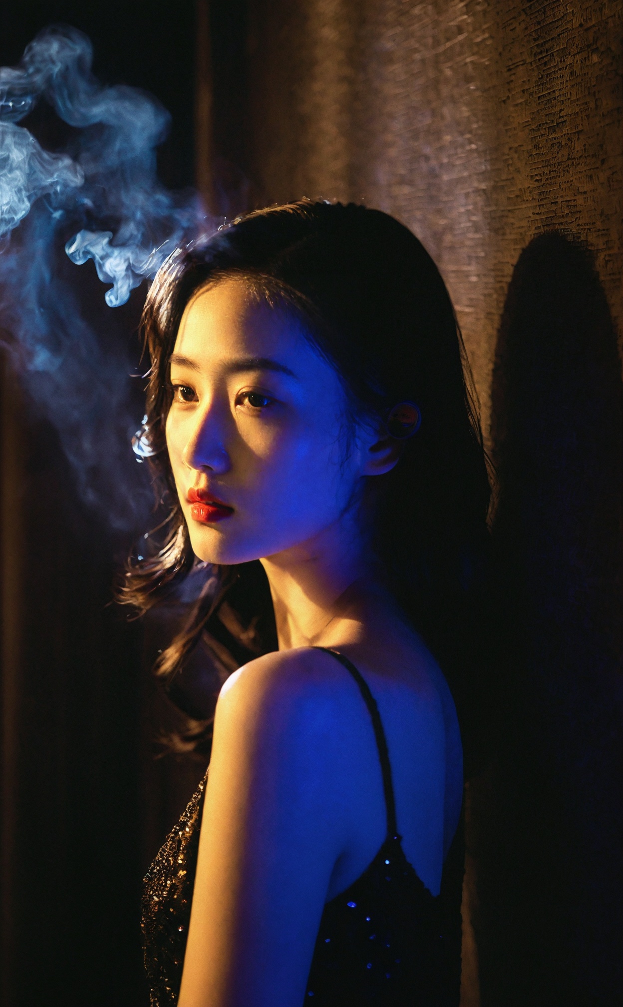 Timeless film portrayal of a femme fatale, bathed in cinematic elegance, standing alone in a smoky, mysterious setting, with a detailed face hinting at a web of intrigue.korean girl,black hair,mugglelight,