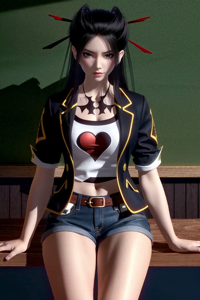 ((HRD, HUD, 8K)),((masterpiece, best quality)), highly detailed,1girl, solo, long hair, black hair, hair ornament, hair stick, black eyes, lips, red lips,(t-shirt:1.2), (blazer:1.2), denim shorts,blurry background, classroom, chalkboard, sitting, cowboy shot, looking at viewer, <lora:20240516-1715819702586:0.7>
