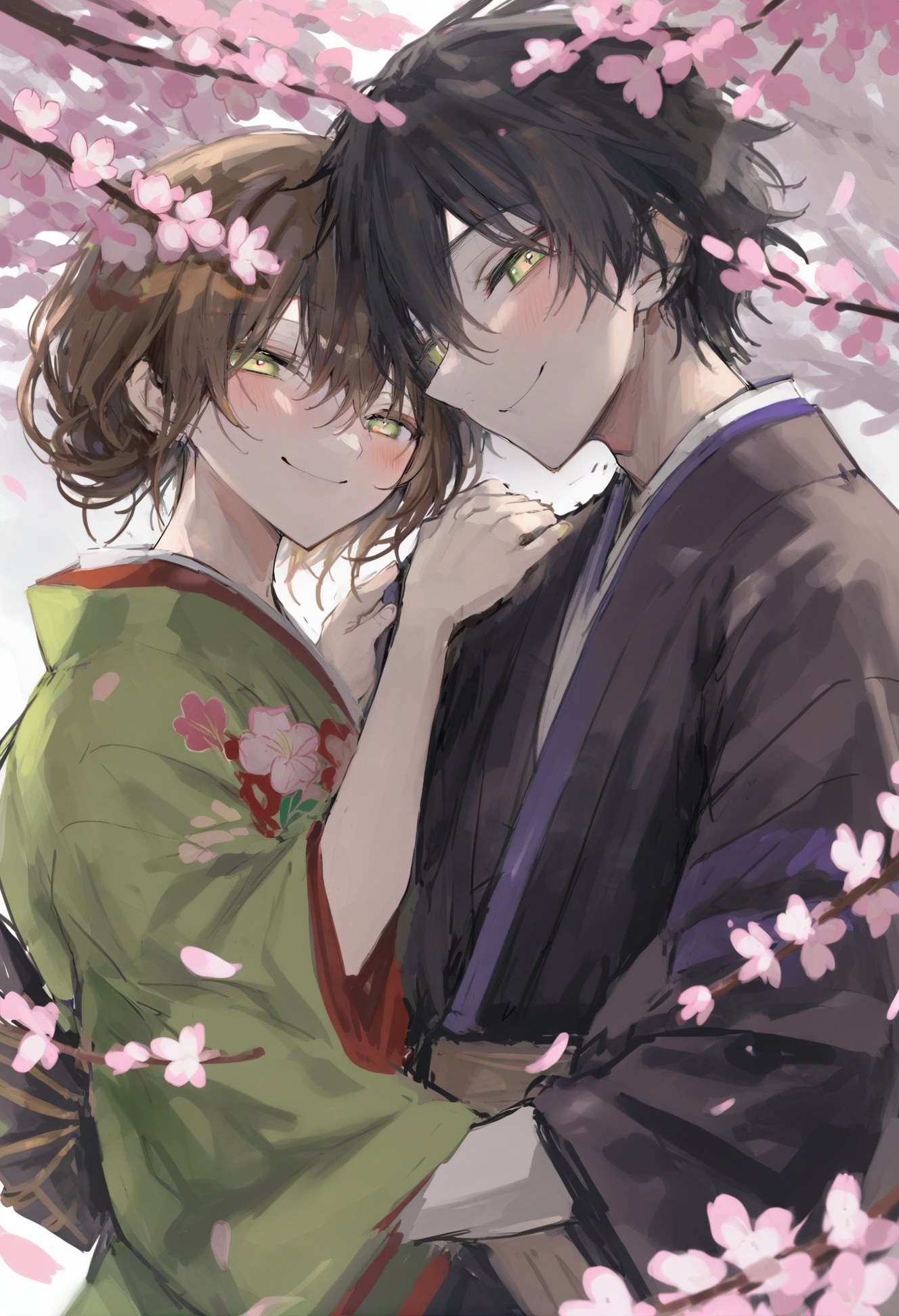 masterpiece, best quality, 1girl, 1boy, japanese clothes, kimono, flower, smile, black hair, blush, green eyes, yellow eyes, cherry blossoms, brown hair, long hair, hair between eyes, upper body, bangs, closed mouth , short hair, jewelry  <lora:ziyunXLlokr8f-000180:0.95>