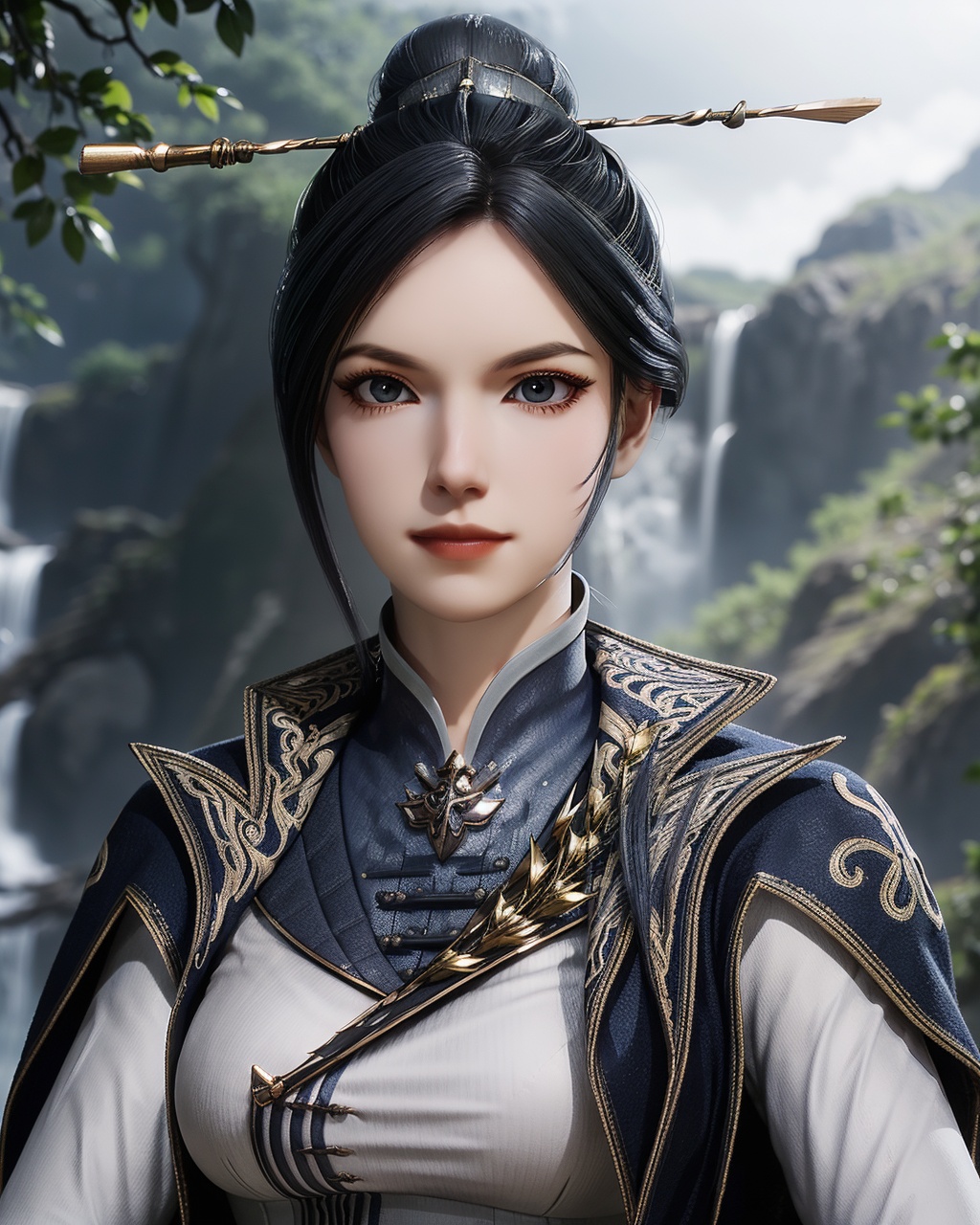 <lora:zhouyi-000010:0.85>,zhouyi,(upper body),(looking at viewer),1girl,solo,blue_eyes,light_smile,single hair bun,hair ornament,hairpins,(hair stick:1.3),high collar,feathers,chinese clothes,soft focus,nature,bush,mountains,(waterfall:1.1),river,mist,sun rays through branches,depth of field,depth of field,(best quality:1.5,masterpiece:1.5),