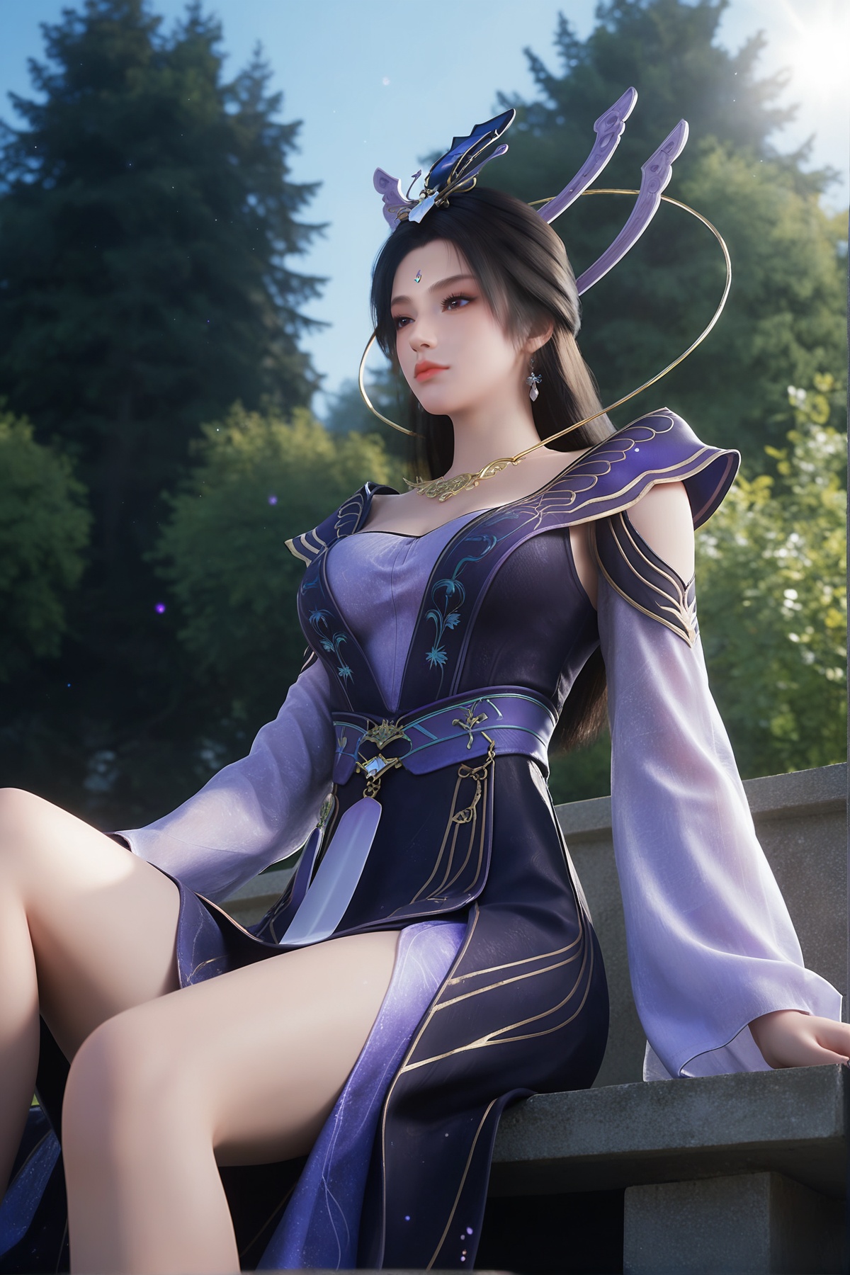 score_9,score_8_up,score_7_up,<lora:wy_zixia_XL7.0:0.8>,1girl,long hair,breast,medium breast,hair_ornament,dress,forehead mark,black hair,purple_dress,thick_thighs,park,sitting,lens_flare,from_below,
