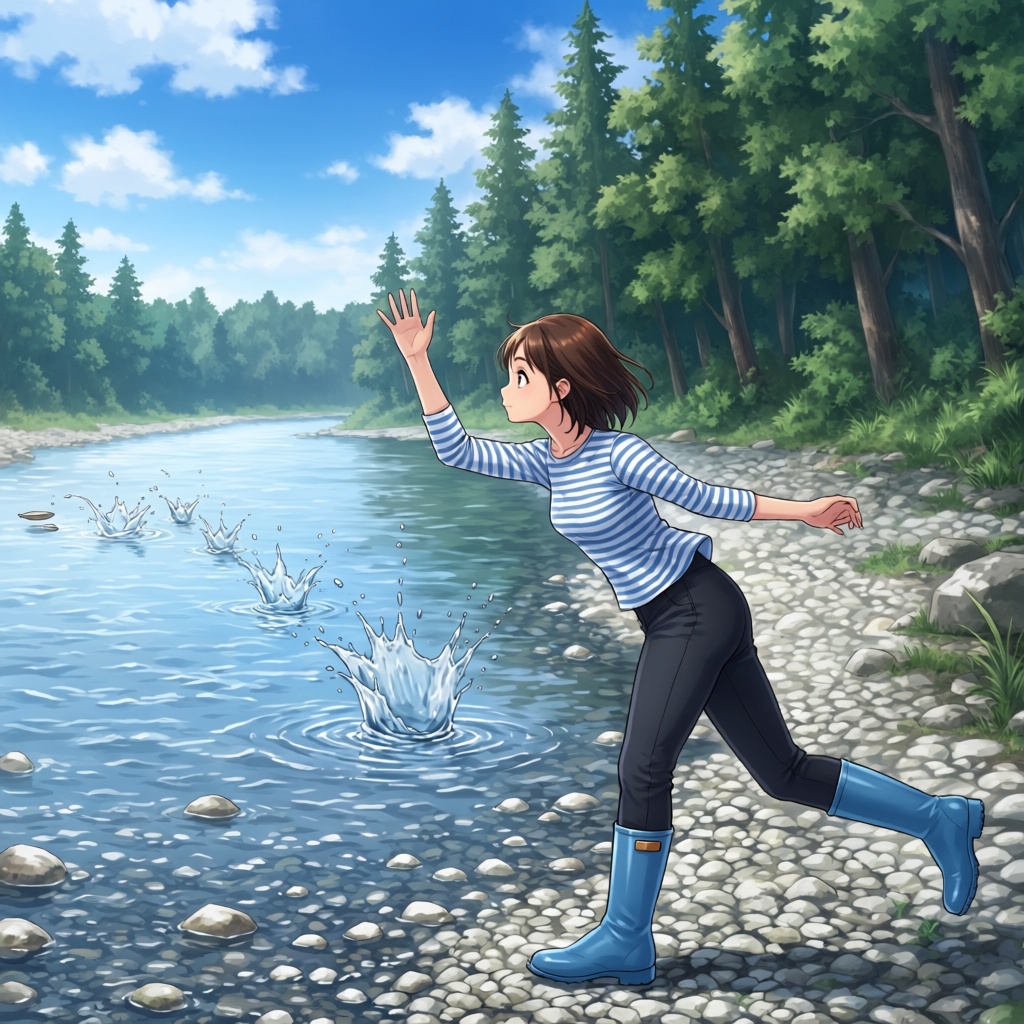 stone skipping,  throwing,  running on Tensor.Art