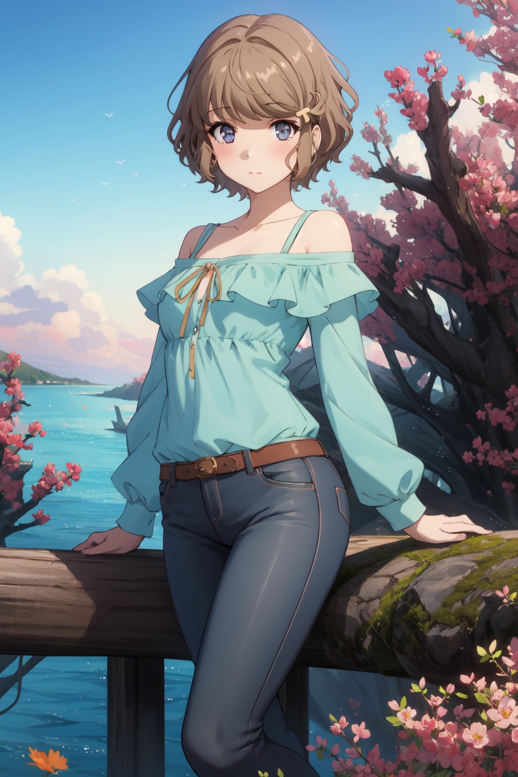 <lora:Tomoe-000014:0.8>,Tomoe CYQL,1girl,looking at viewer,solo,short_hair,brown_hair,bangs,blue_eyes,hair_ornament,blush,Off-the-shoulder blouse, skinny jeans, and heels,smirk,bust,Coral, Reef, Fish, Seaweed, Colorful, Underwater, Diversity, Serenity,(Date palms, Cacti, Oasis pool, Hot sand, Glaring sunlight, Mirage:0.5),beautiful detailed sky,beautiful detailed glow,posing in front of a colorful and dynamic background,masterpiece,best quality,beautiful and aesthetic,contrapposto,female focus,wallpaper,