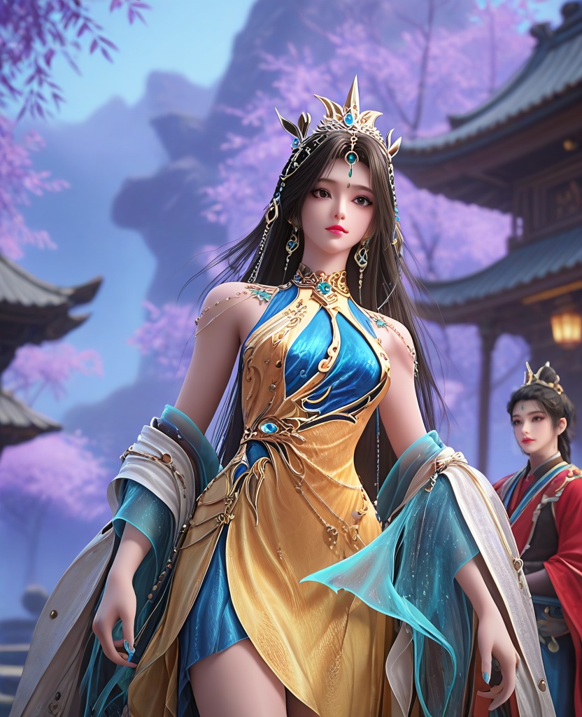 (oriental architecture, elegant decor, sophisticated style:1.1),arms behind back,(breasts:1.2),<lora:XL16完美世界梦回仙古凰女:0.95>,miss huangnu,solo,yellow dress,blue chemise,brown eyes,black hair,very long hair,hair ornament,earrings,jewelry,silk shawl sleeves,forehead pendan,tiara,white socks,, zPDXL2, score_9, score_8_up, score_7_up BREAK realistic, masterpiece,best quality, highly detailed,, zPDXL3, zPDXL2,zPDXL, zPDXLxxx, zPDXLrl,